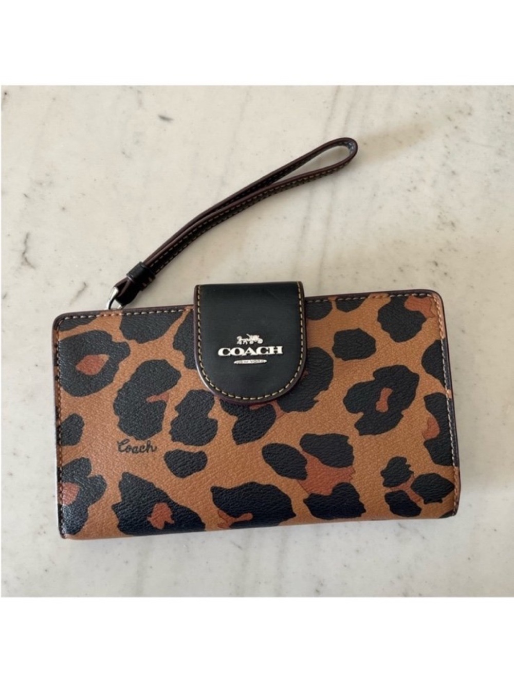 Coach Leopard Print Leather Wristlet Wallet - Brown/Black